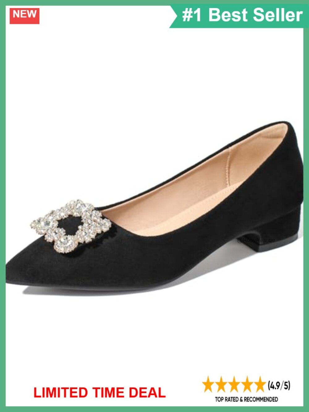 Rhinestone Low Chunky Heel Suede Pointed Toe Pumps Dress Shoes